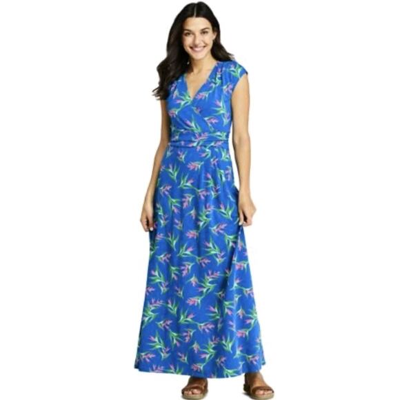 Lands's End Women's Blue Short Sleeve Maxi Dress LG Floral Comfort - Picture 1 of 11